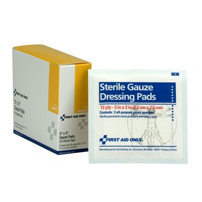 First Aid Only Sterile Gauze Dressing Pads, 12-Ply, 3" x 3", 20/Box (I211)