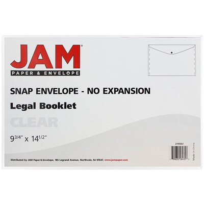 JAM Paper® Plastic Envelopes with Snap Closure, Legal Booklet, 9.75 x 14.5, Clear Poly, 12/pack (34830)