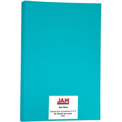 JAM Paper Ledger 65 lb. Cardstock Paper, 11" x 17", Sea Blue, 50 Sheets/Pack (16728482)