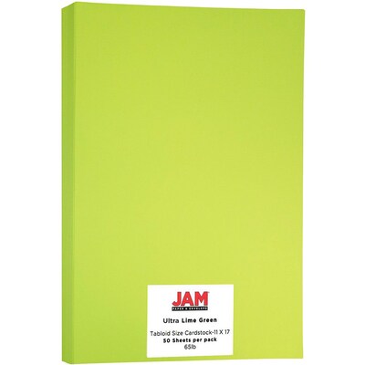 JAM Paper Ledger 65 lb. Cardstock Paper, 11" x 17", Ultra Lime Green, 50 Sheets/Pack (16728486)