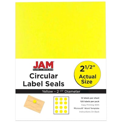 JAM Paper® Round Circle Label Sticker Seals, 2.5 inch diameter, Yellow, 120/pack (147628582)