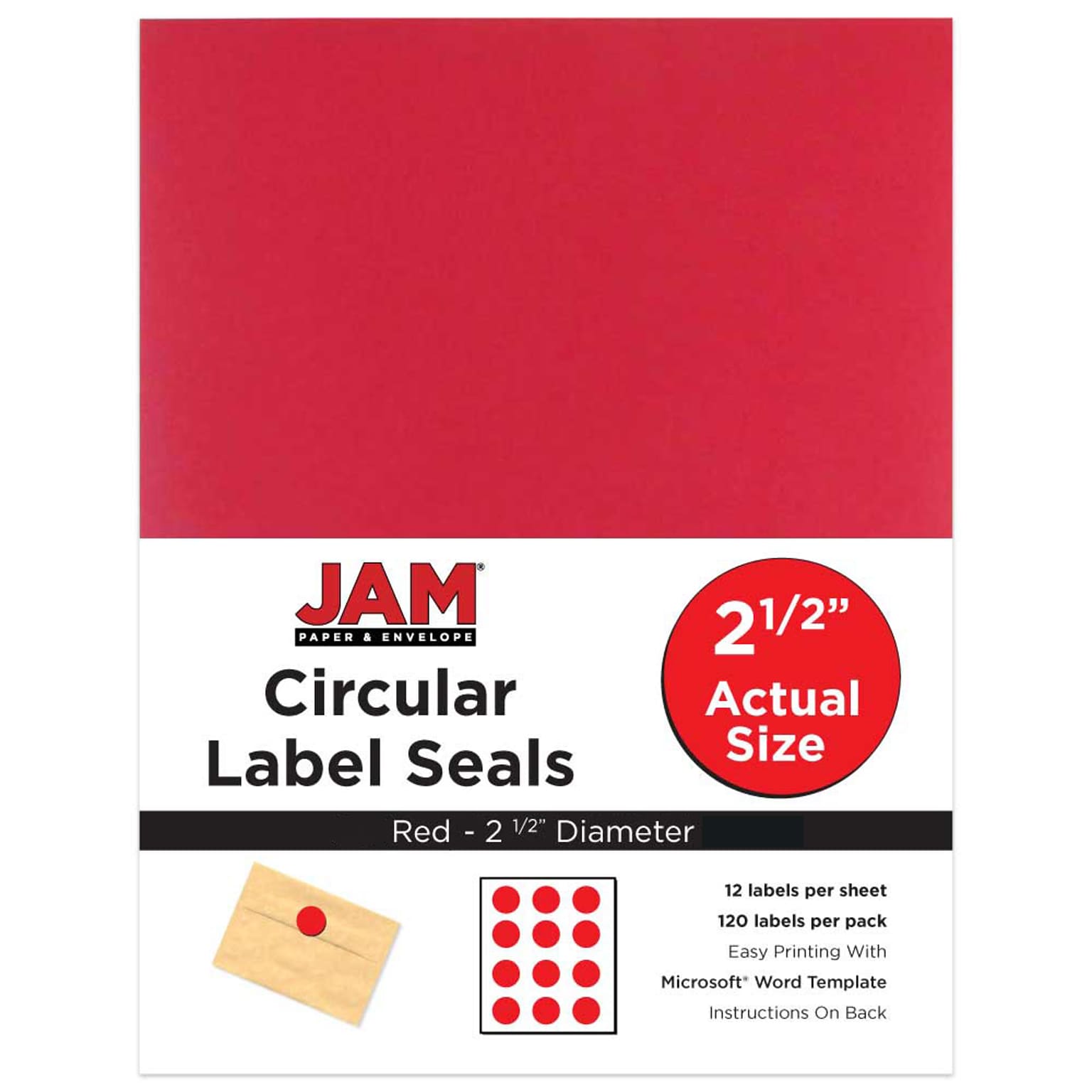 JAM Paper® Round Circle Label Sticker Seals, 2.5 inch diameter, Red, 120/pack (147628585)