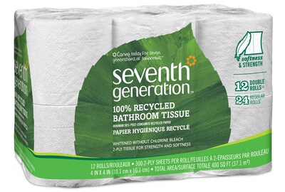 Seventh Generation™ 100% Recycled Bathroom Tissue Rolls, 2-Ply, White, 300 Sheets/Roll, 12 Rolls/Pack (SEV13733PK)