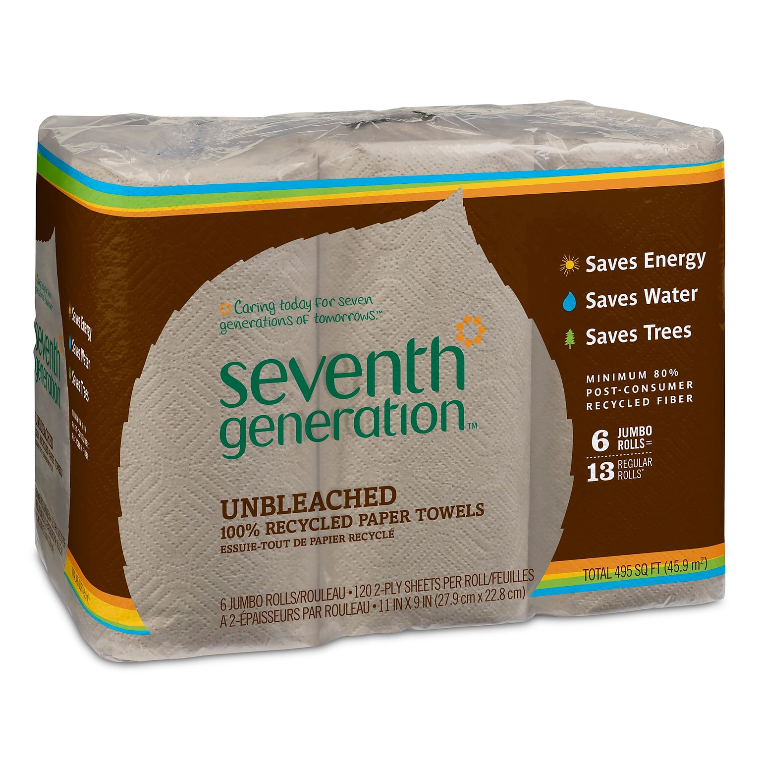 Seventh Generation Recycled Paper Towels, 2-ply, 120 Sheets/Roll, 6 Rolls/Pack (13737PK)