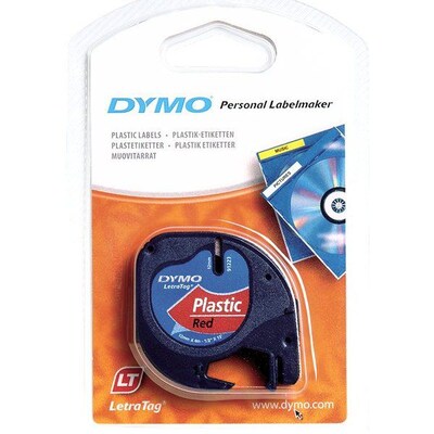 Dymo® Letra Tag Plastic Tape; 1/2W x 13L, Black on Red, 1 Roll