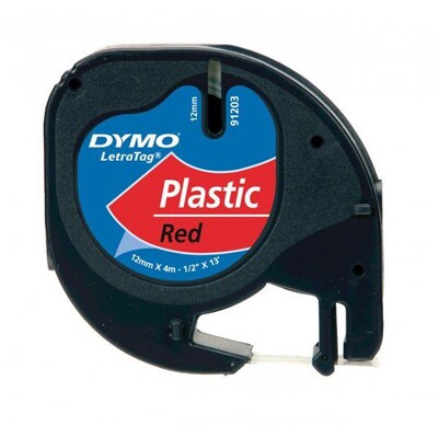 Dymo® Letra Tag Plastic Tape; 1/2"W x 13'L, Black on Red, 1 Roll