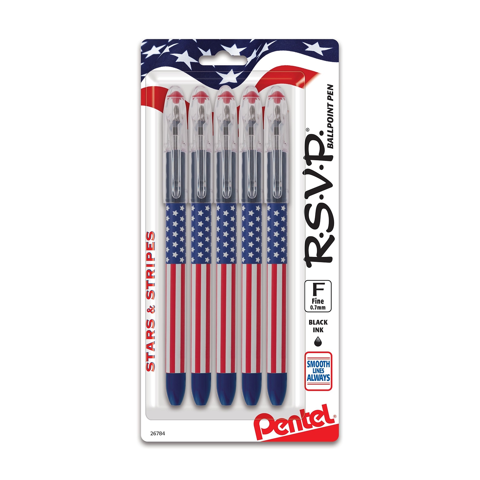 Pentel Stars & Stripes Edition RSVP Ballpoint Pens,Black Ink, 5/Pack (BK90USABP5A)