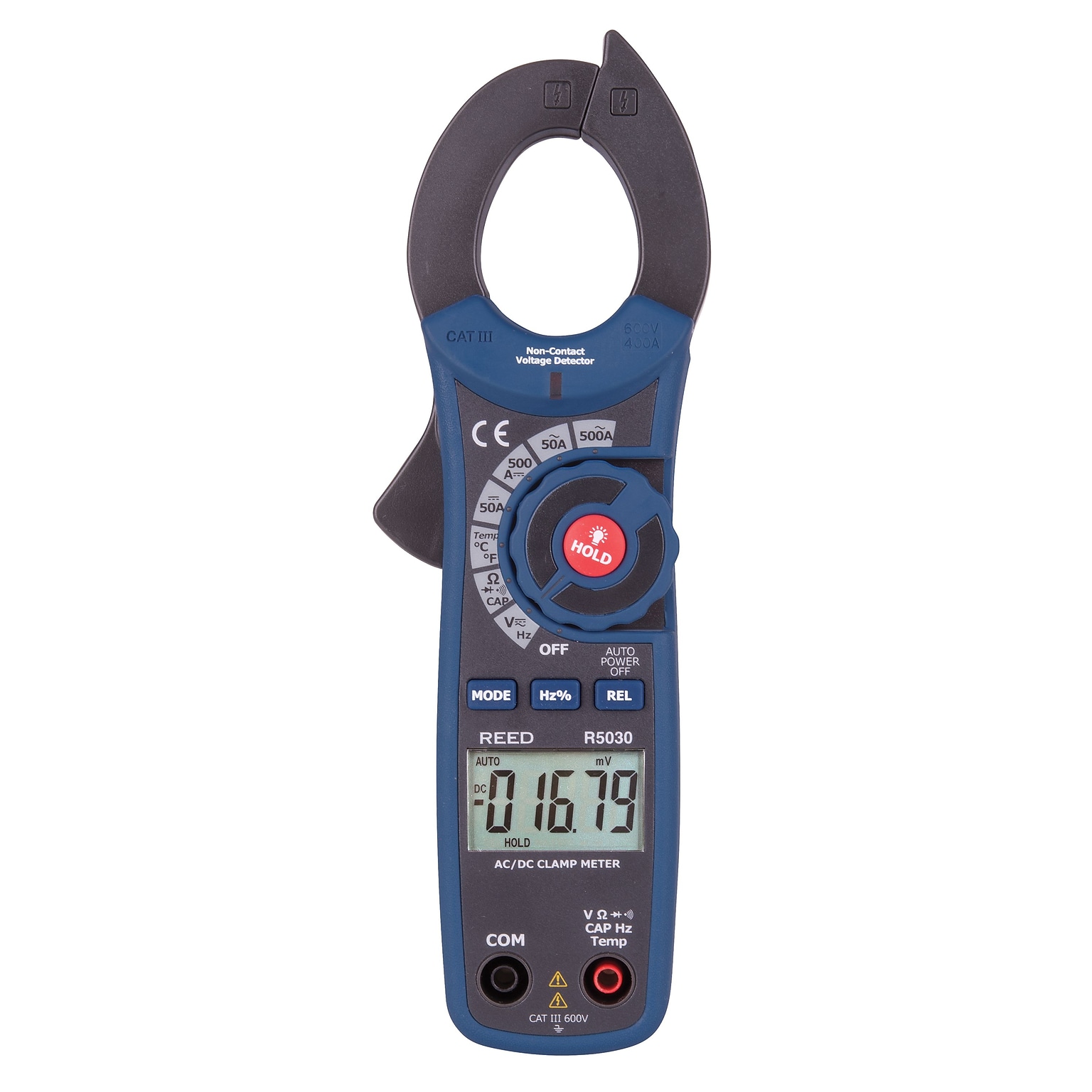 REED Instruments AC/DC Clamp Meter with Temperature and Non-Contact Voltage Detector, 500A, True RMS (R5030)