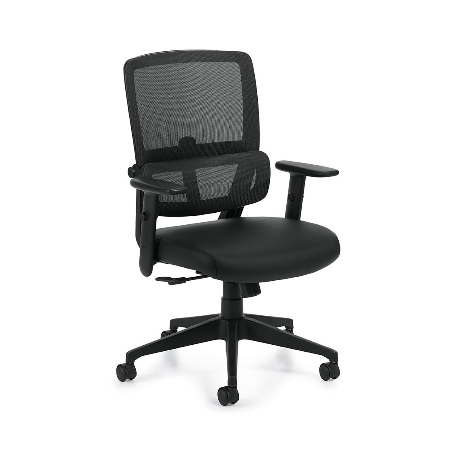 Offices To Go High-Back Mesh/Luxhide Managers Chair, Black, Adjustable Arms (OTG12110B)