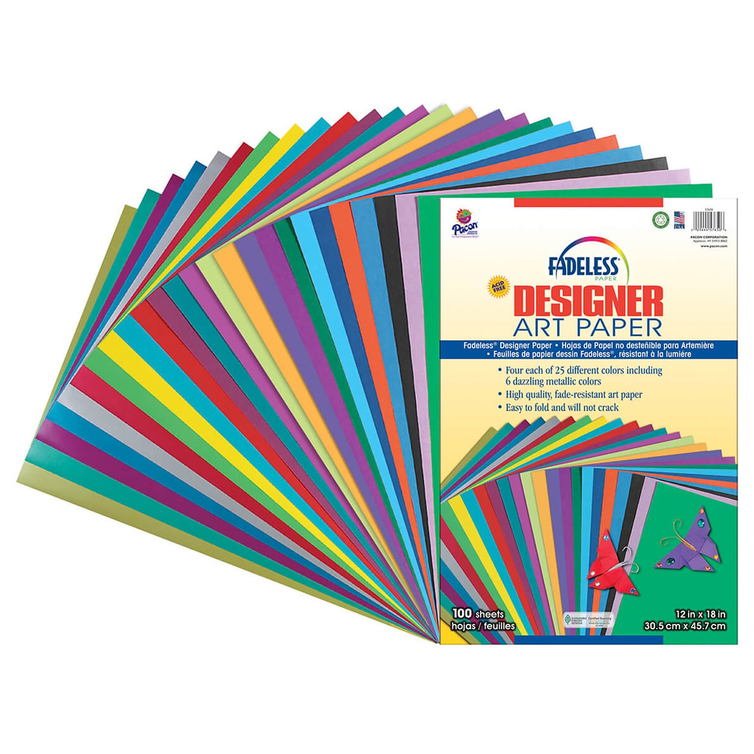 Fadeless Designer Art Paper Sheets, 12x18, 25 Assorted Colors, 100 Sheets/Pack