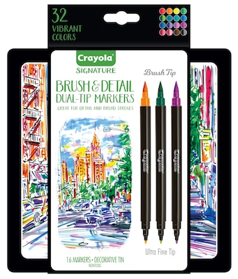 Crayola Brush & Detail Dual Tip Markers, Brush Tip/Ultra Fine Tip, 16/Pack (58-6501)