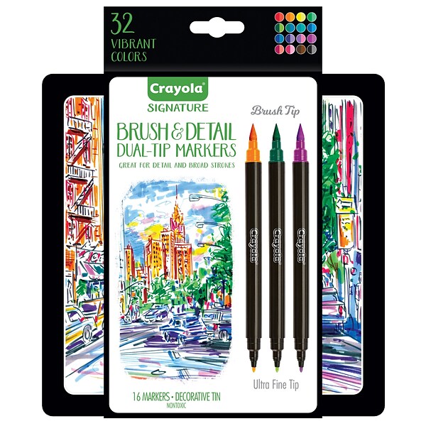 Crayola Brush & Detail Dual Tip Markers, Brush Tip/Ultra Fine Tip, 16/Pack (58-6501)