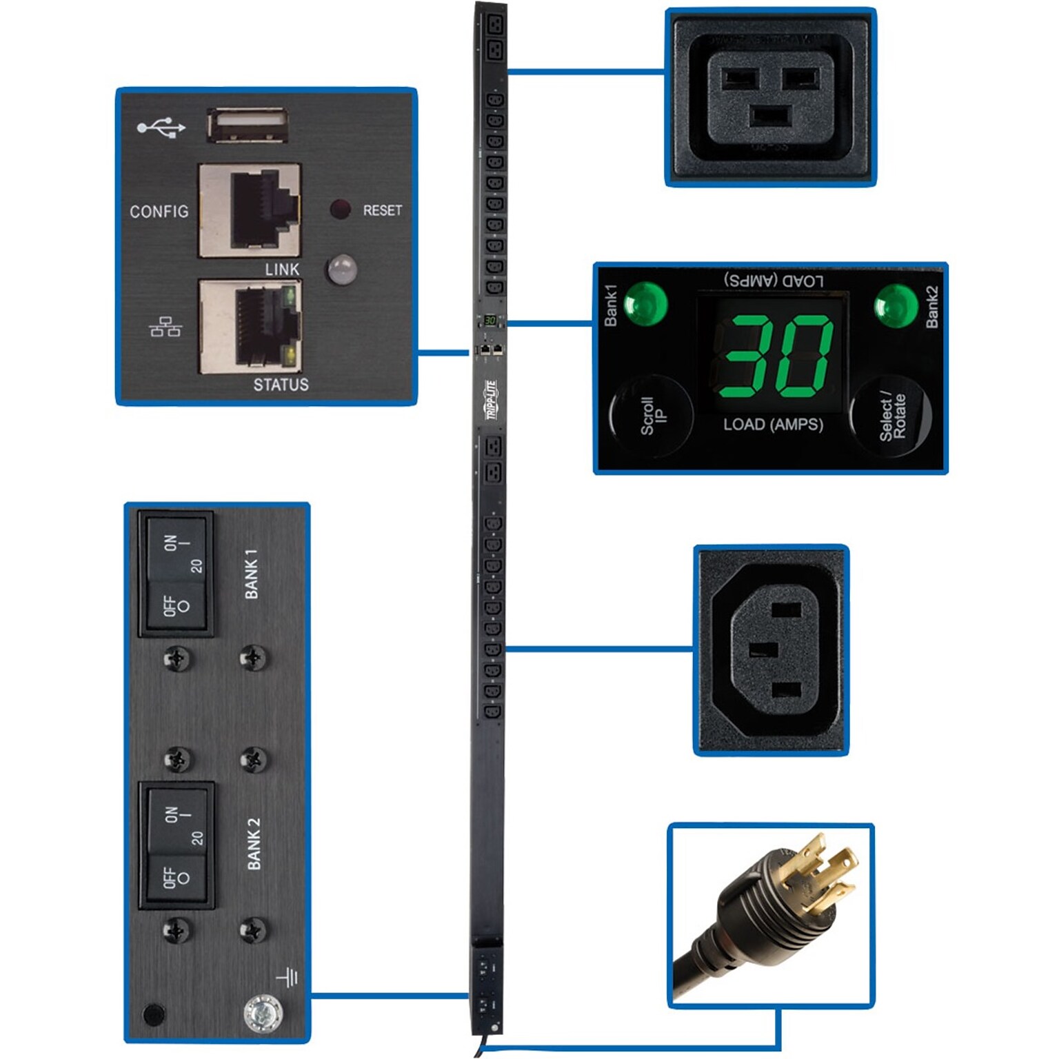 Tripp Lite PDU Monitored 5/5.8kW 208/240V, 20 C13 4 C19, LX Platform Interface, 0URM Rackmount Vertical TAA (PDUMNV30HVLX)