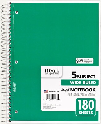 Mead® Spiral 5 Subject Notebook, 7.5 x 10.5, Wide Ruled, 180 Sheets, Assorted, Each (MEA05680)