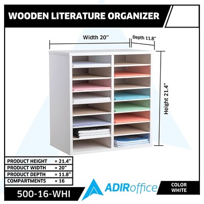 Adiroffice Wood White Adjustable 16 Compartment Literature Organizer (500-16-WHI)
