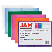 JAM Paper® Plastic Envelopes, 2 5/8 Exp, Elastic Closure, Letter Booklet, 9.75x13, Assorted Poly Col