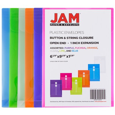 JAM Paper® Plastic Envelopes with Button and String Tie Closure, Open End, 6.25x9.25, Assorted Poly Colors, 6/pack (472B1ASSRTD)