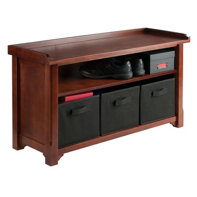 Winsome Verona Solid/Composite Wood Storage Bench With 3 Foldable Fabric Baskets, Walnut/Black