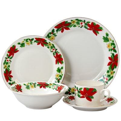 Gibson Home Poinsettia Holiday 20-Piece Ceramic  Dinnerware Set  White/Red/Green 94706.20