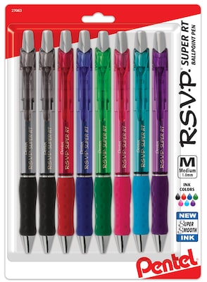 Pentel RSVP Super RT Ballpoint Pen, Medium Point, Assorted Ink, 8/Pack (BX480BP8M)