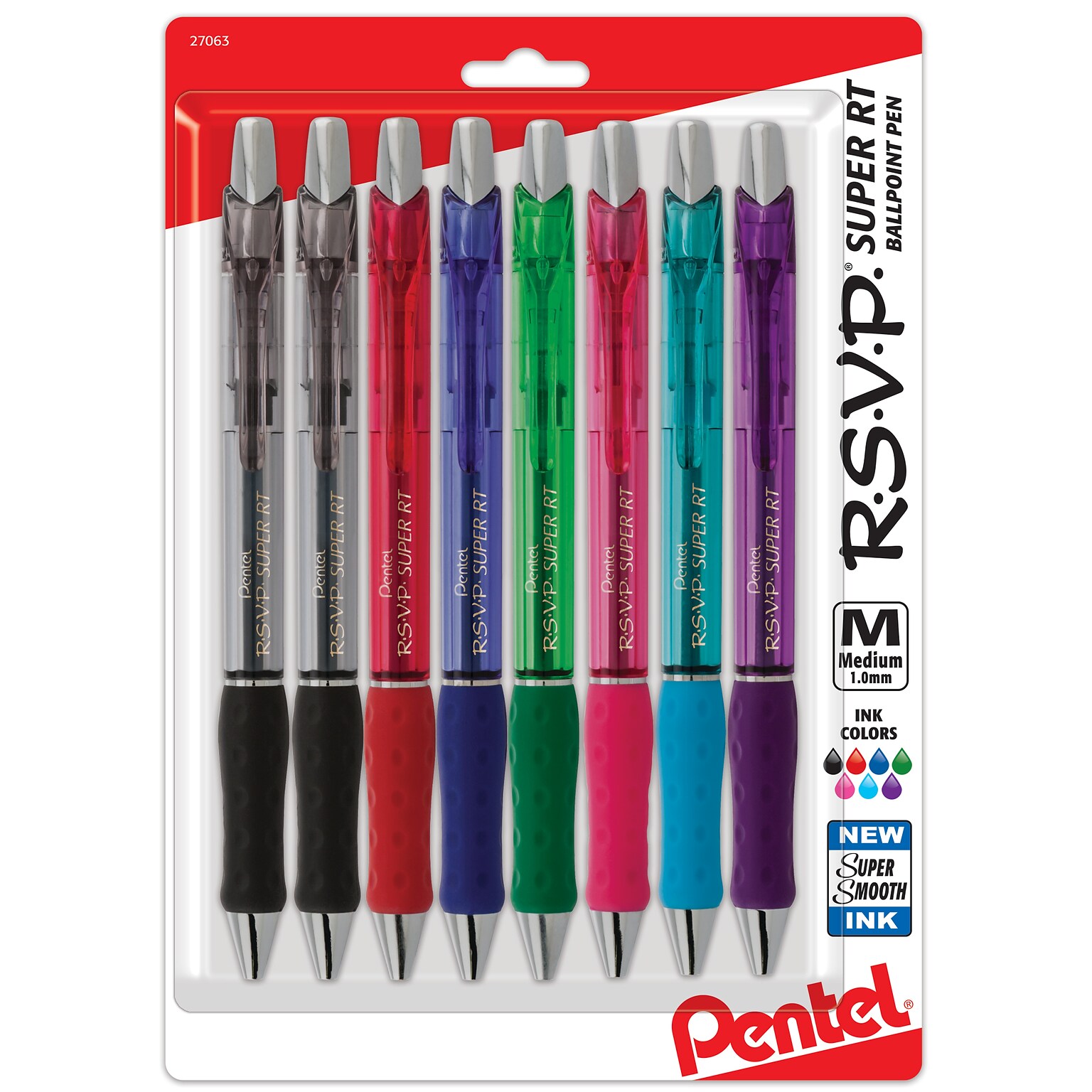 Pentel RSVP Super RT Ballpoint Pen, Medium Point, Assorted Ink, 8/Pack (BX480BP8M)