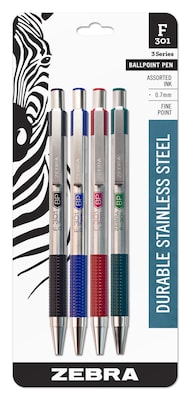 Zebra F-301 Retractable Ballpoint Pen, Fine Point, 0.7mm, Assorted Ink, 4 Pack (27174)