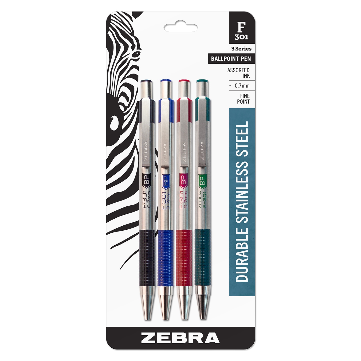 Zebra F-301 Retractable Ballpoint Pen, Fine Point, 0.7mm, Assorted Ink, 4 Pack (27174)