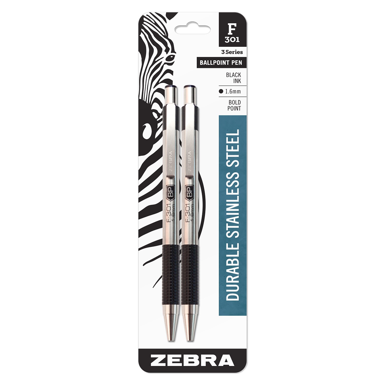 Zebra F-301 Retractable Ballpoint Pen, Bold Point, 1.6mm, Black Ink, 2 Pack (27312)