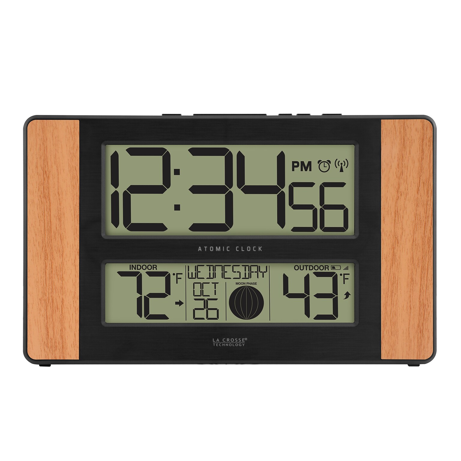 La Crosse Technology Atomic Digital Clock with Temperature and Moon Phase, Oak finish (513-1417)