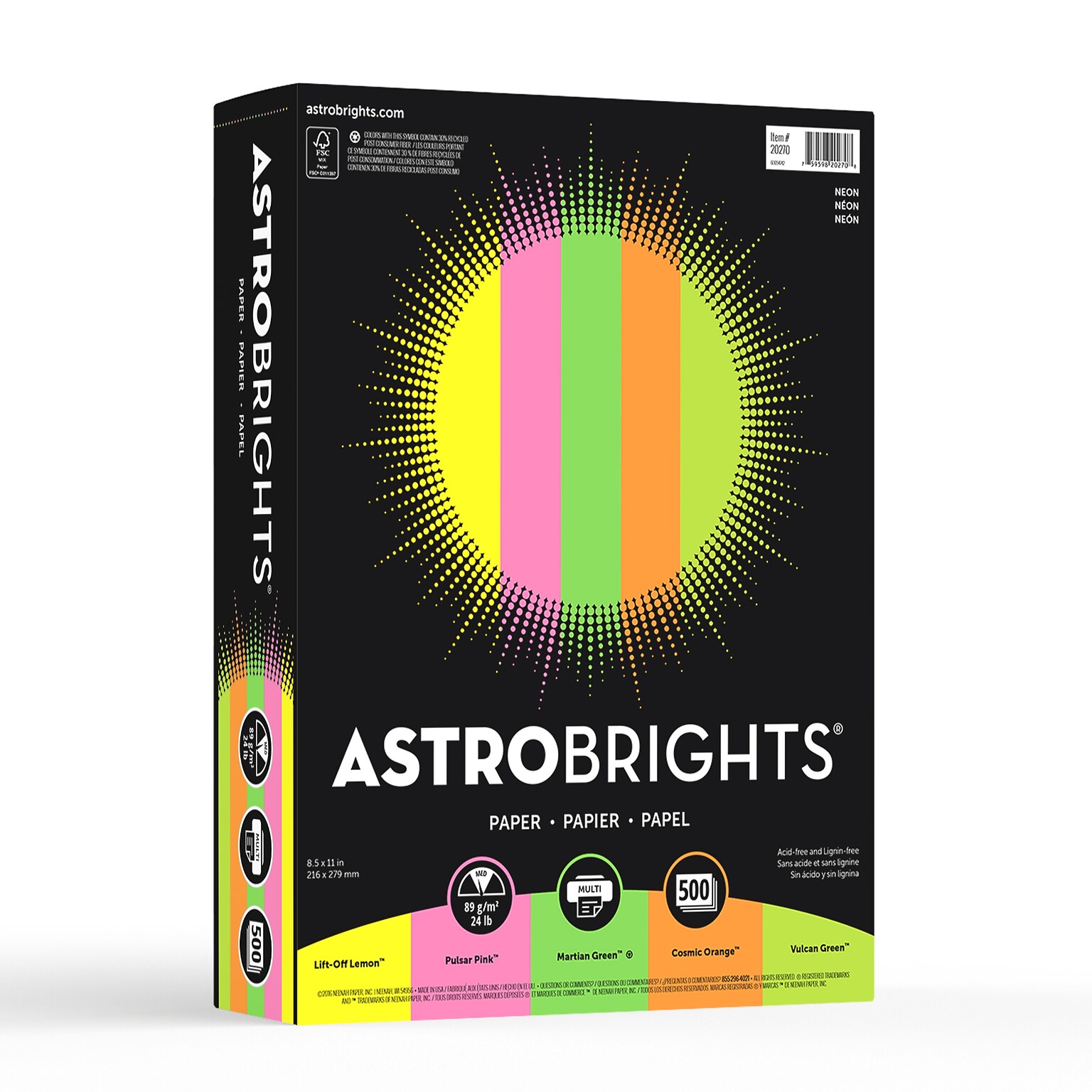 Astrobrights Colored Paper, 24 lbs., 8.5 x 11, Assorted Neon Colors, 500 Sheets/Ream (20270)