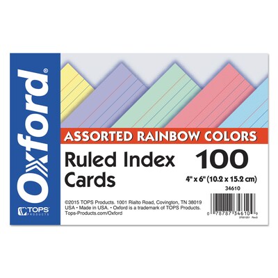 Oxford Oxford Lined Index Cards, 4 x 6, Assorted Colors, 100 Cards/Pack (34610)