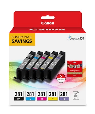 Canon 281 Black/Cyan/Magenta/Yellow/Photo Blue Standard Yield Ink Cartridge, 5/Pack (2091C006)