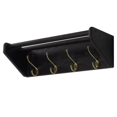 Wooden Mallet 4 Hook Shelf, Brass Hooks, Black (24HCRBK)