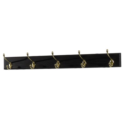 Wooden Mallet 5 Hook Coat Rack, Brass Hooks, Black (HCR5BBK)