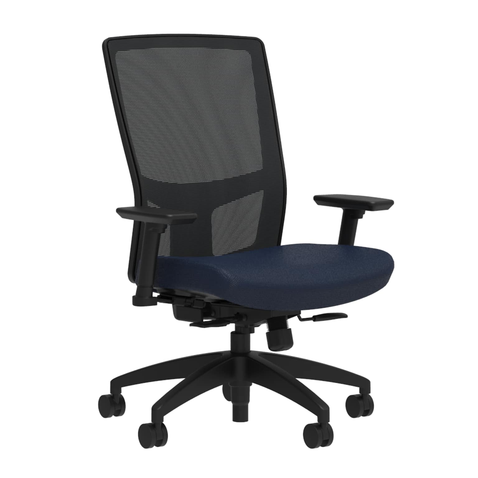 Union & Scale Workplace2.0™ Fabric Task Chair, Navy, Integrated Lumbar, 2D Arms, Synchro Seat Slide