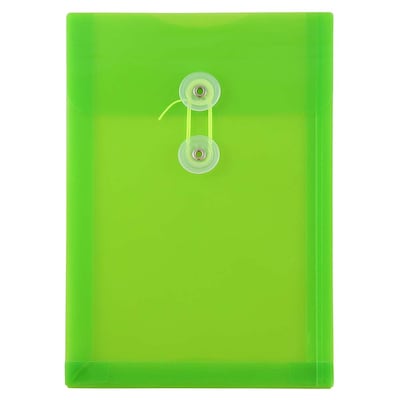 JAM Paper® Plastic Envelopes with Button and String Tie Closure, Open End, 6.25 x 9.25, Lime Green P