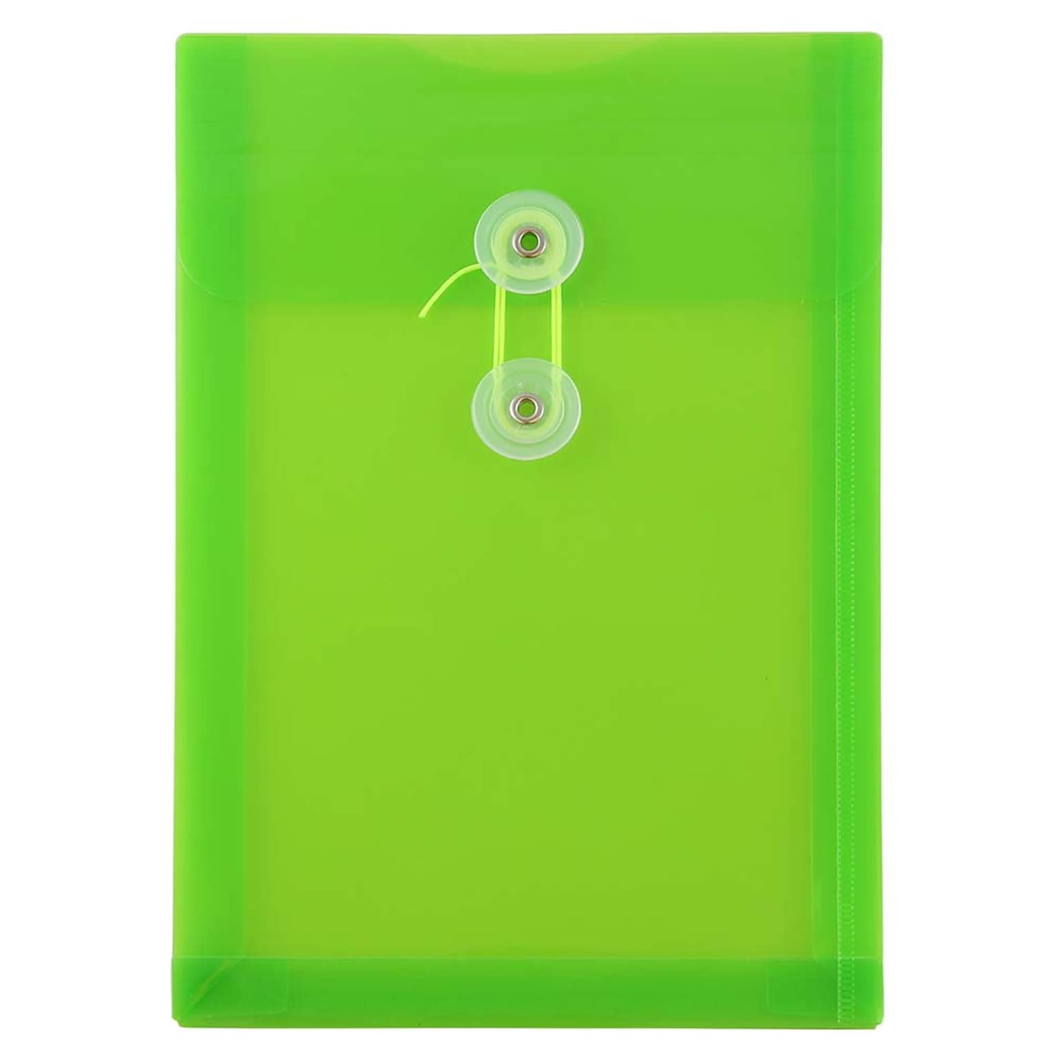 JAM Paper® Plastic Envelopes with Button and String Tie Closure, Open End, 6.25 x 9.25, Lime Green Poly, 12/pack (472B1LI)