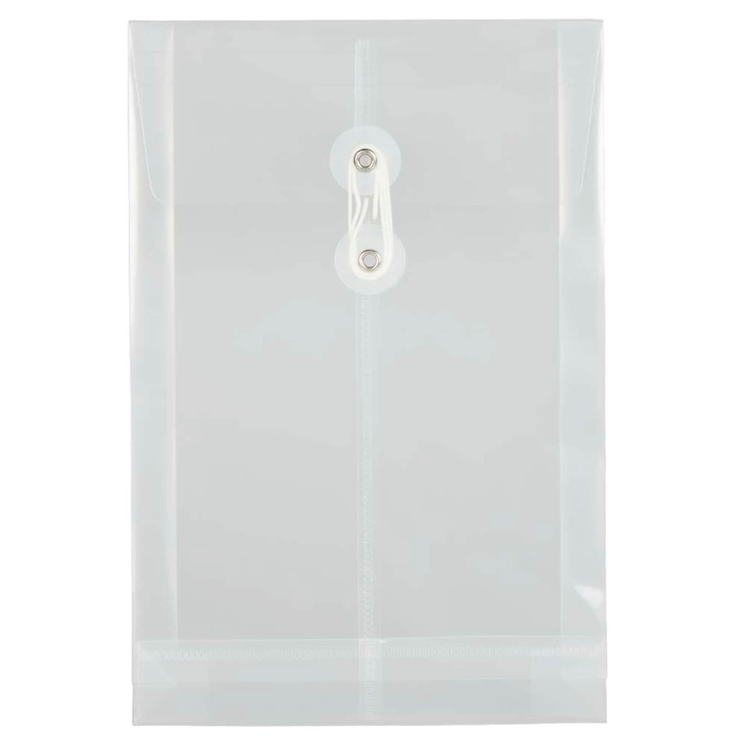 JAM Paper® Plastic Envelopes with Button and String Tie Closure, Open End, 6.25 x 9.25, Clear, 12/Pack (472B1CL)