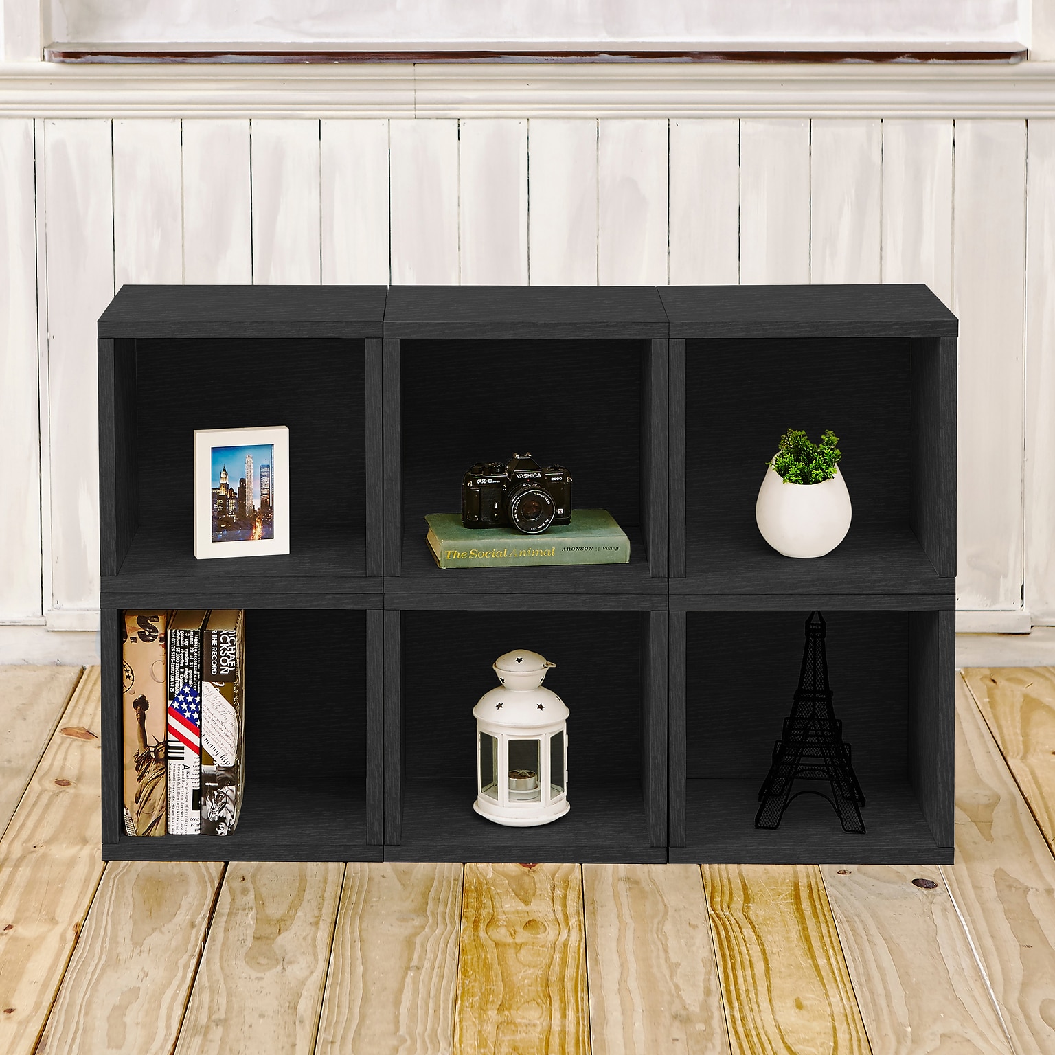 Way Basics 25.6H x 40.2W 6 Stackable Modular Modern Eco Storage Cube System Cubby Organizer, Black Wood Grain (PS-MC-6-BK)