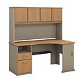 Bush Business Furniture Cubix 60W Corner Desk w/ Hutch and 2 Drawer Pedestal, Light Oak, Installed (SRA007LOFA)