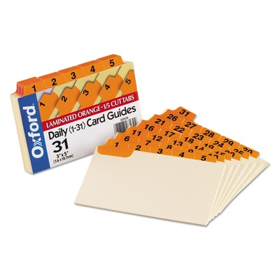 Oxford Laminated Index Card Guides, Daily, 1/5 Tab, Manila, 3 x 5, 31/Set