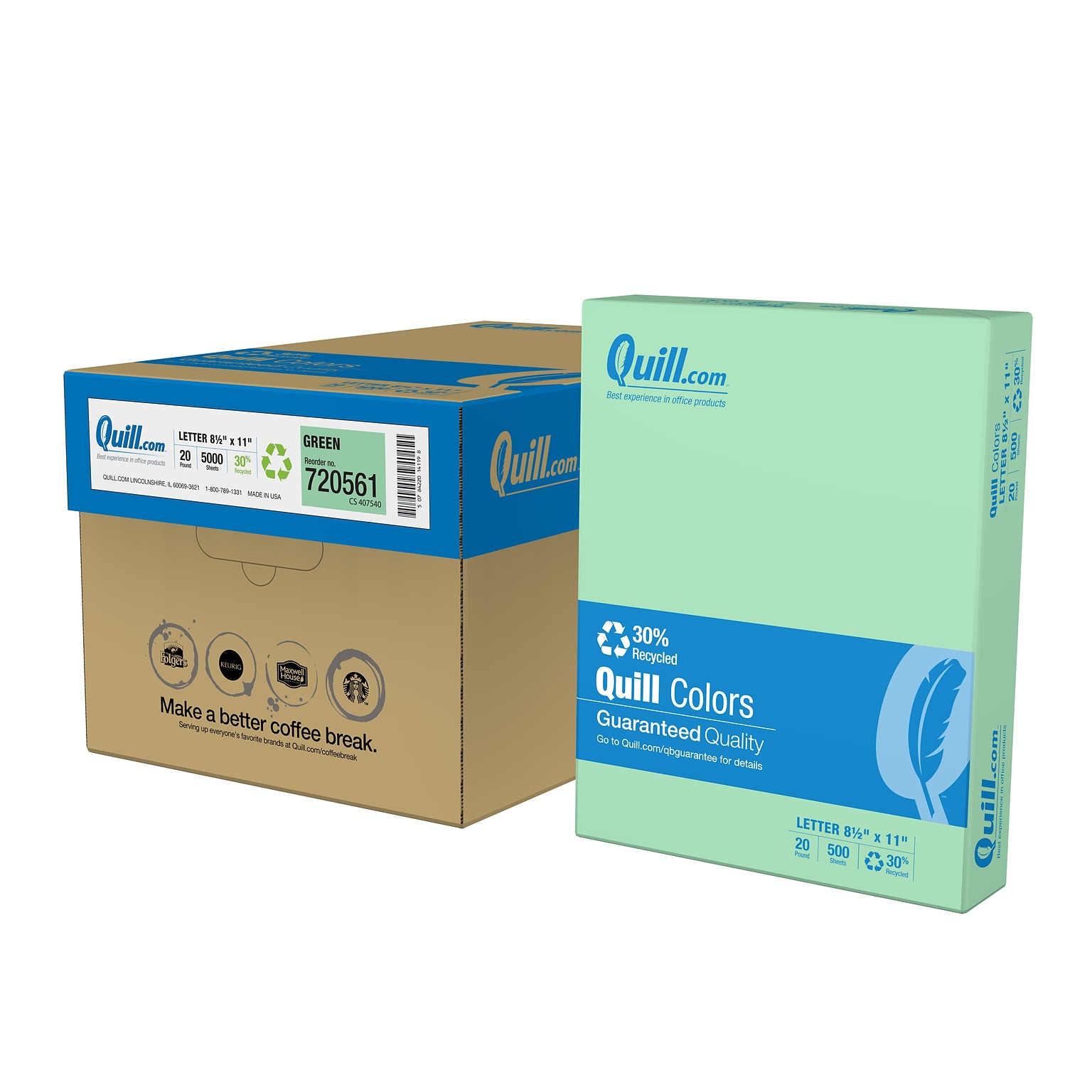 Quill Brand® 30% Recycled Colored Multipurpose Paper, 20 lbs., 8.5 x 11, Green, 500 Sheets/Ream, 10 Reams/Carton (720561CT)