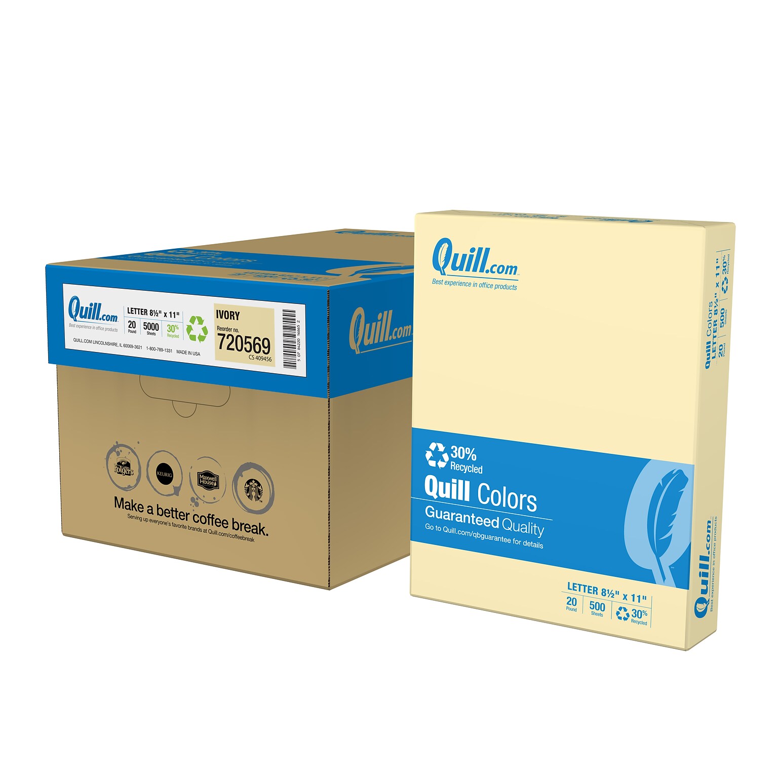 Quill Brand® 30% Recycled Colored Multipurpose Paper, 20 lbs., 8.5 x 11, Ivory, 500 Sheets/Ream, 10 Reams/Carton (720569CT)