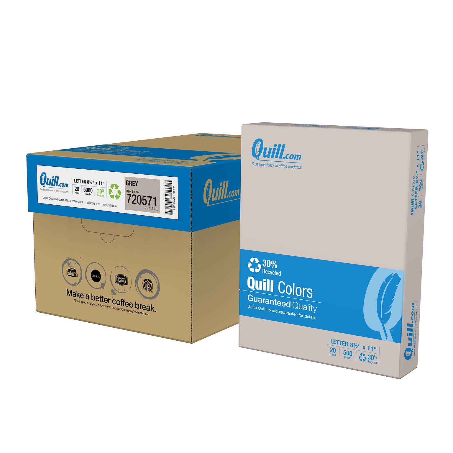 Quill Brand® 30% Recycled Colored Multipurpose Paper, 20 lbs., 8.5 x 11, Gray, 500 Sheets/Ream, 10 Reams/Carton (720571CT)