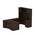 Bush Business Furniture Emerge 66W x 22D Office Desk w/ Hutch and 2 Pedestals, Natural Maple, Installed (300S056MRFA)