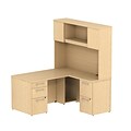 Bush Business Furniture Emerge 60W x 30D L Shaped Desk with Hutch and 2 Pedestals, Natural Maple, Installed (300S052ACFA)