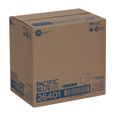 Pacific Blue Basic Recycled Hardwound Paper Towels, 1-ply, 580 ft./Roll, 12 Rolls/Carton (26401)