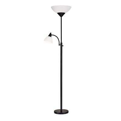 Adesso® Piedmont 71H Black 300W Torchiere Floor Lamp with Reading Light and White Plastic Shades (7202-01)