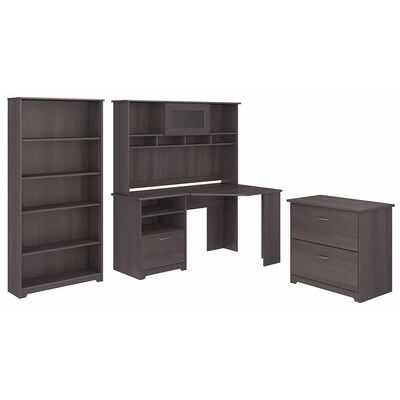 Bush Furniture Cabot Corner Desk With Hutch Lateral File Cabinet And 5 Shelf Bookcase Heather Gray Quill Com