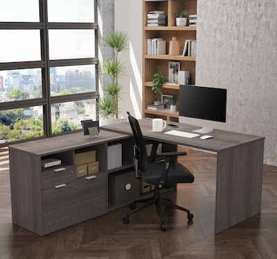 Bestar I3 Plus L-Desk with Two Drawers in Bark Gray (160850-47)